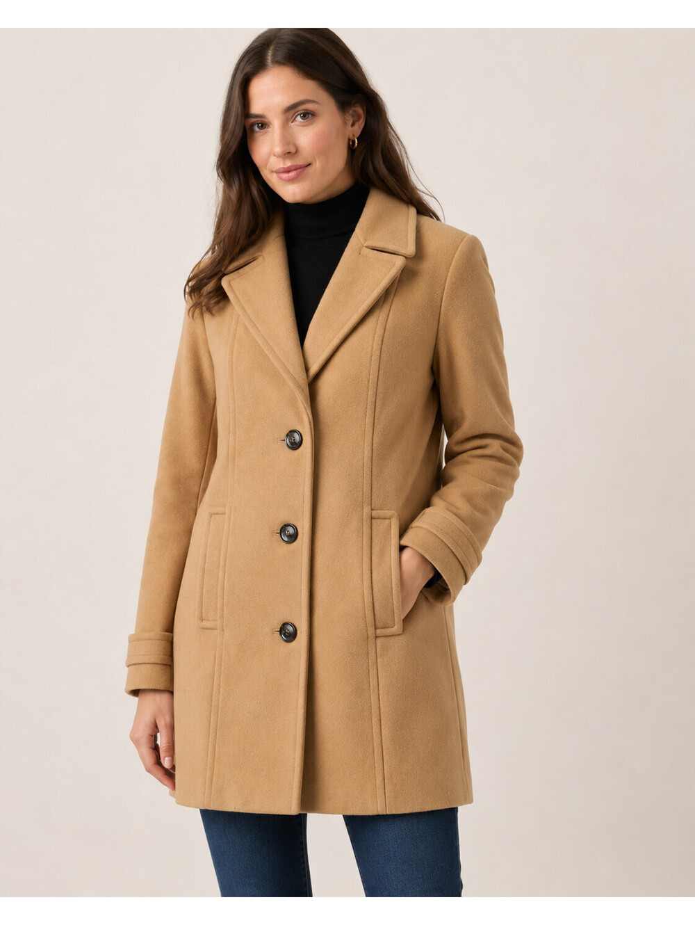 Calvin Klein Women's Wool Coat - Camel Size L Button Down Dress Coat Mid Thigh